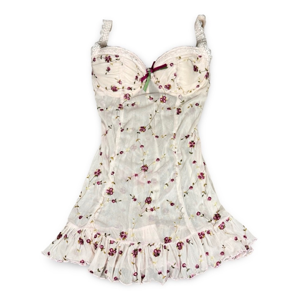 Vintage Y2K Floral Embroidered Mesh Babydoll Slip Dress Coquette Medium